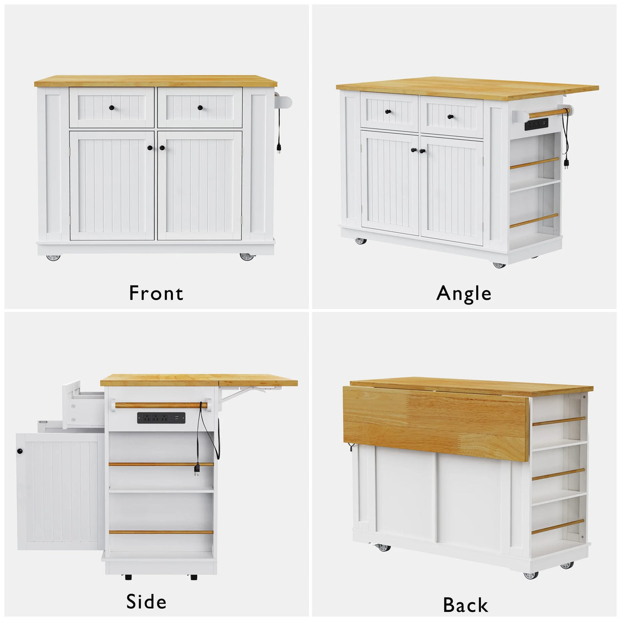 Rolling Kitchen Island Cart With Drop Leaf And Power Outlet - Omega Lifestyles