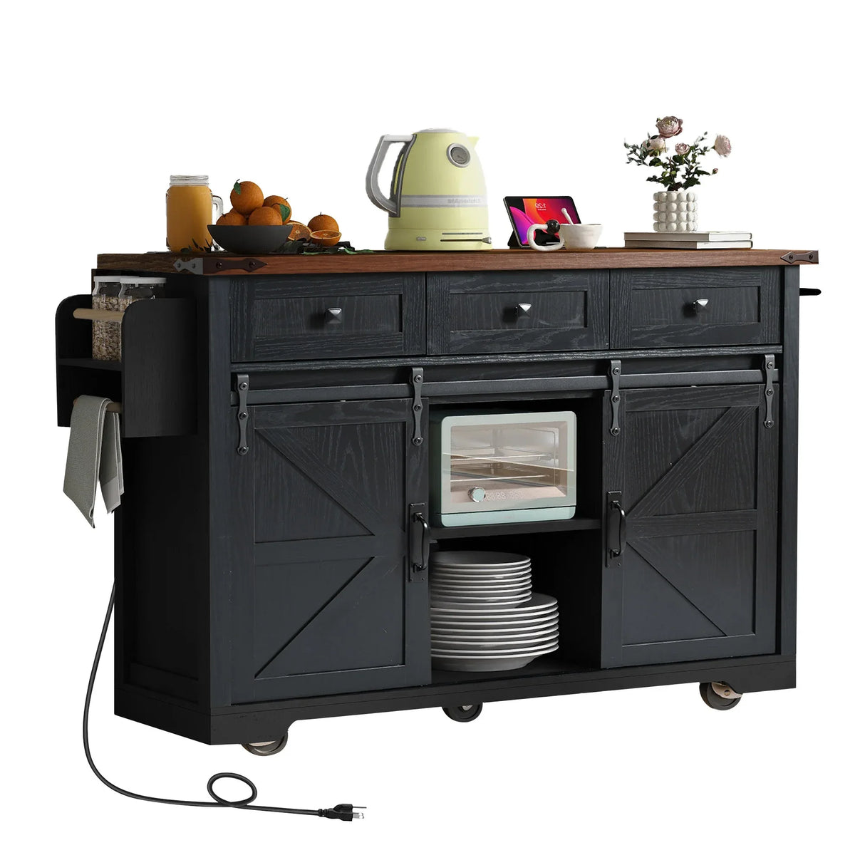 Farmhouse Kitchen Island Rolling Cart With Power Outlet - Omega Lifestyles