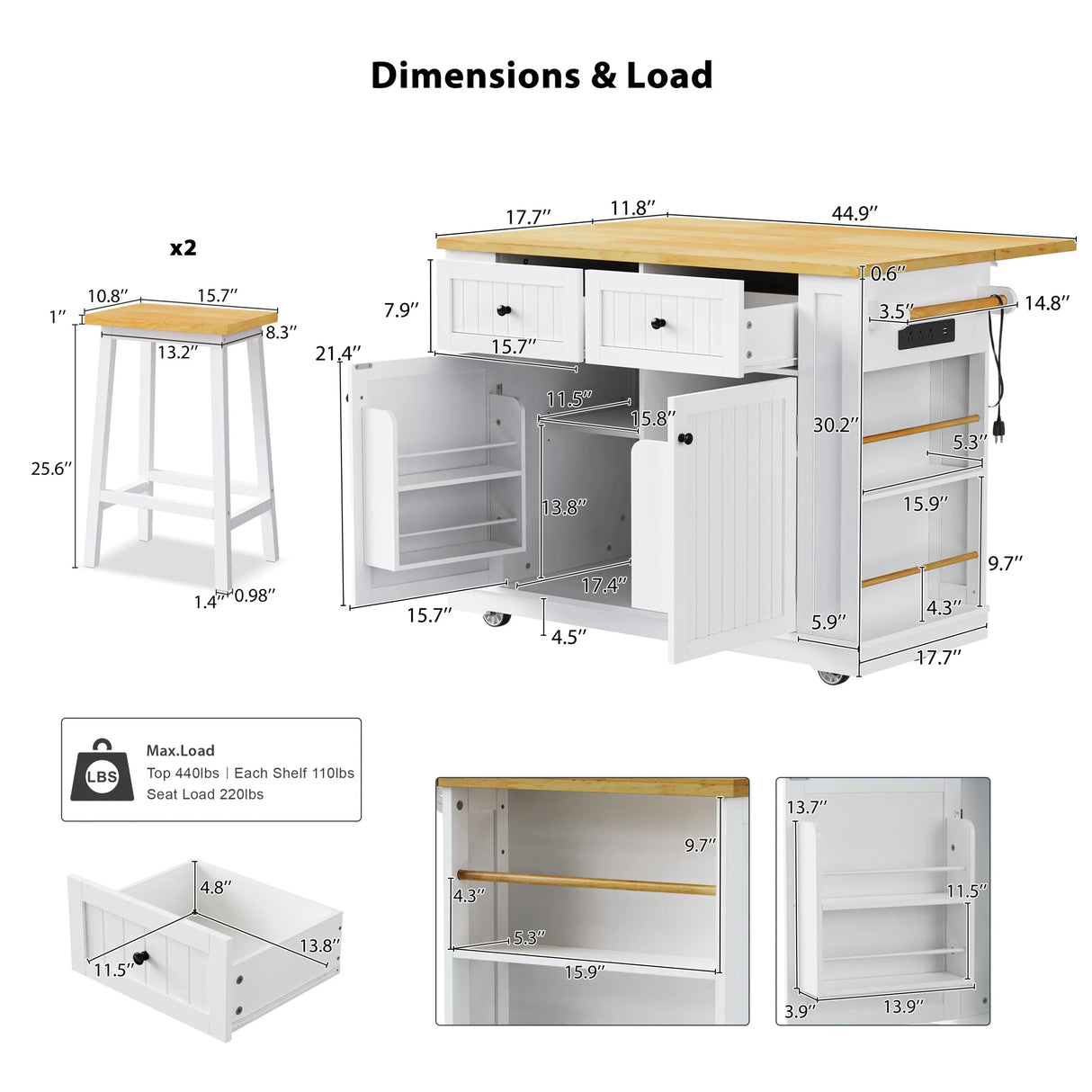 48-Inch Classic Kitchen Island With 2 Bar Stools and Power Outlet - Omega Lifestyles