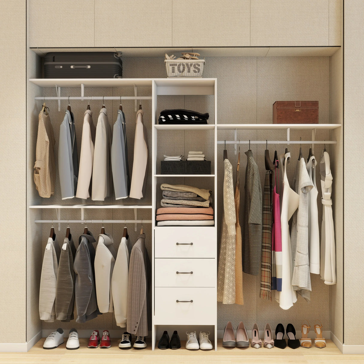 96-Inch White Adjustable Wood Metal Closet Organizer System - Omega Lifestyles