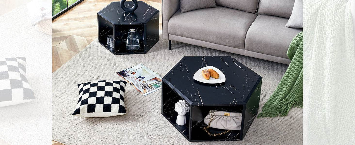 Set Of 2 Modern Minimalist Black Hexagonal Coffee Tables - Sleep Galleria