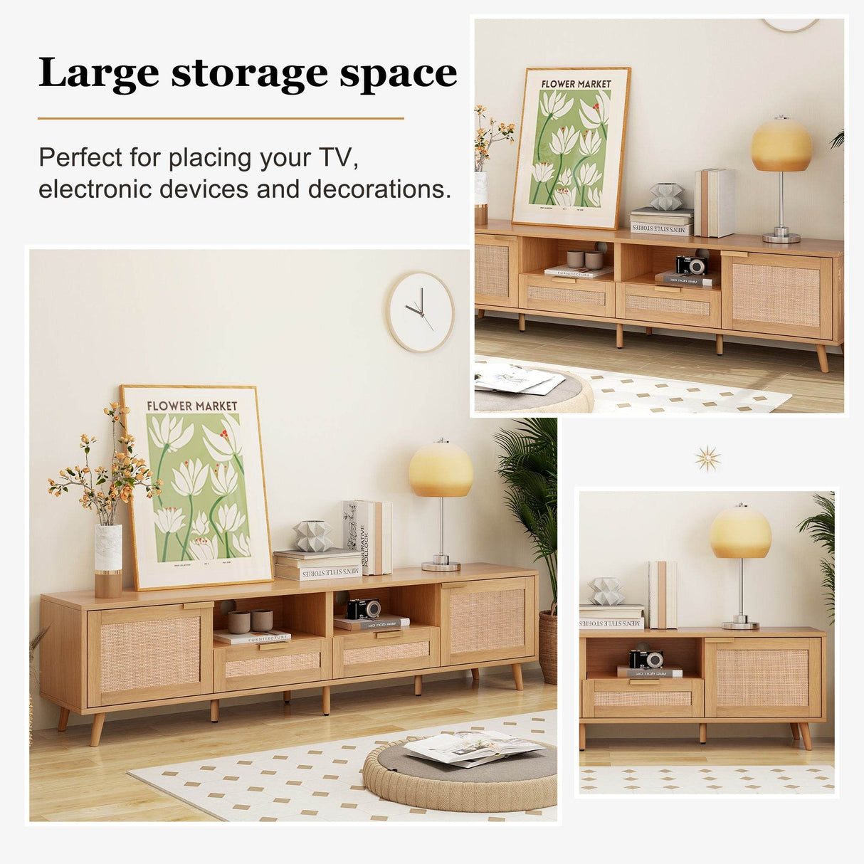 Modern Rattan TV Stand With Storage Cabinets - Sleep Galleria