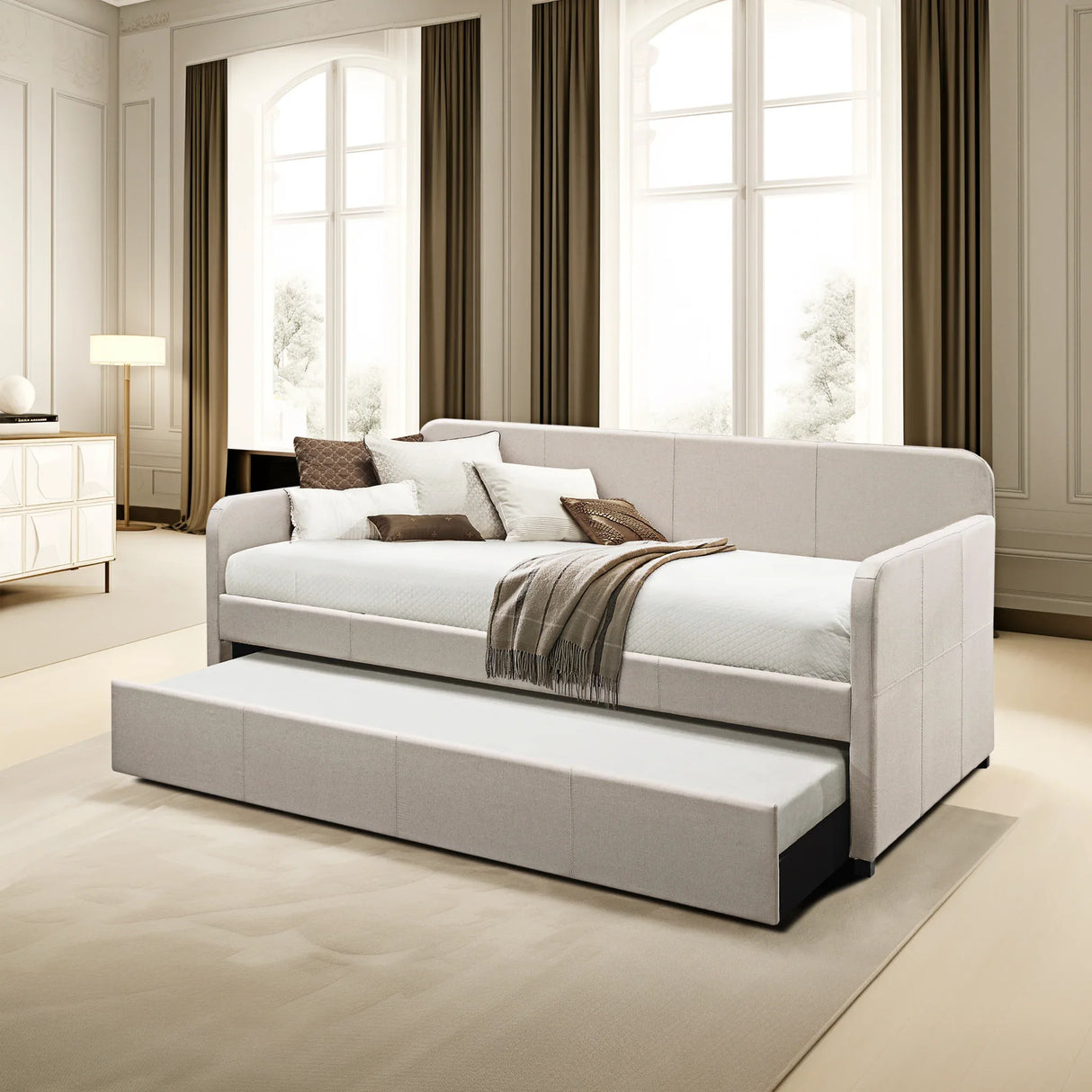 Fog Upholstered Twin Daybed With Roll-Out Trundle - Omega Lifestyles