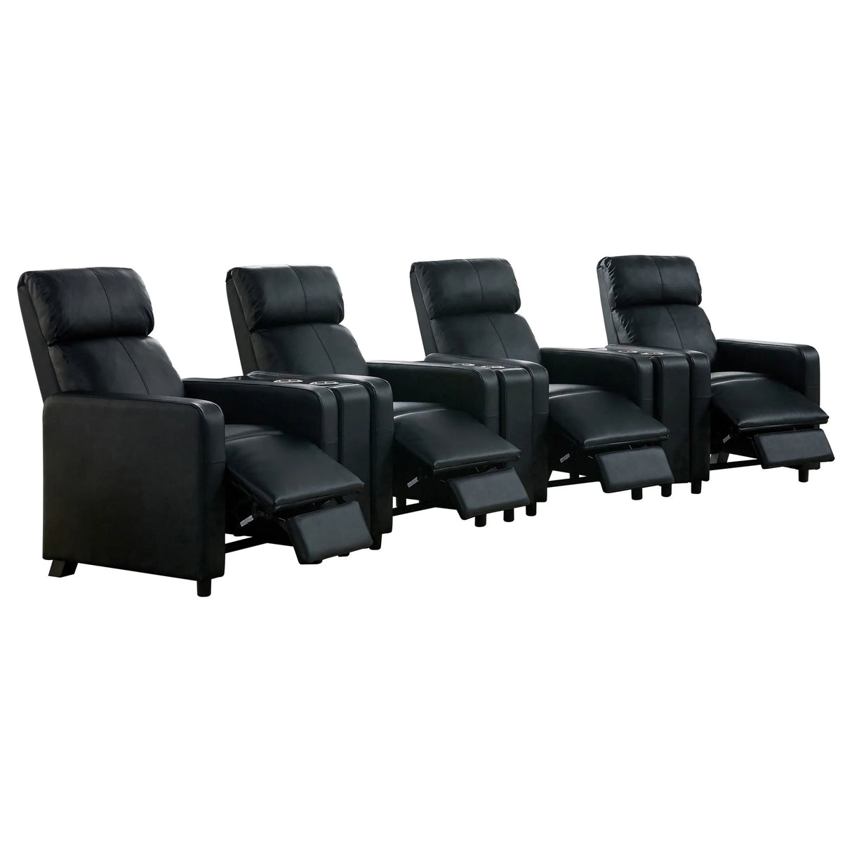 Set of Four Black Upholstered Recliners With Consoles - Omega Lifestyles