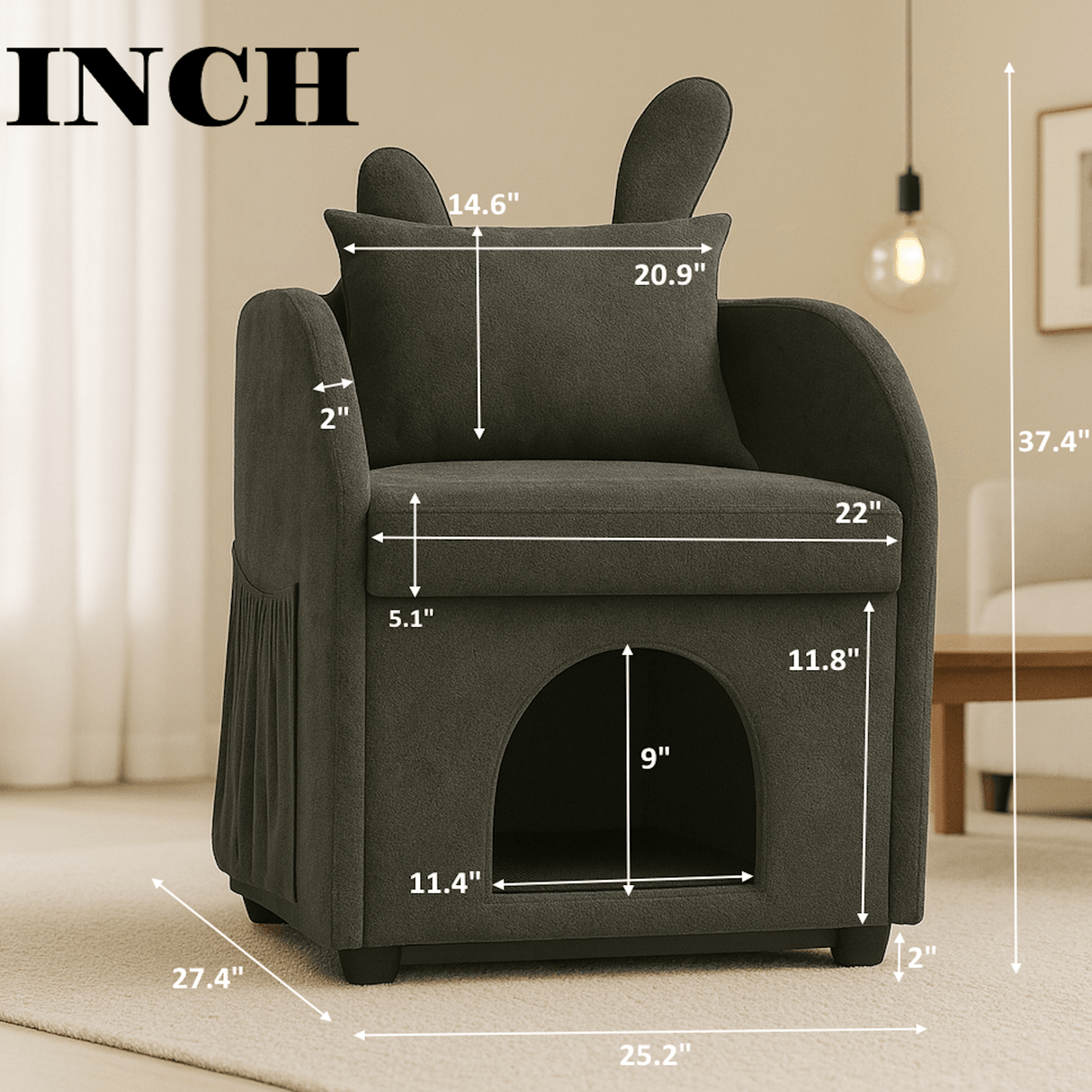 Dark Gray Bunny-Ear Dual-Use Pet Furniture Armchair - Omega Lifestyles