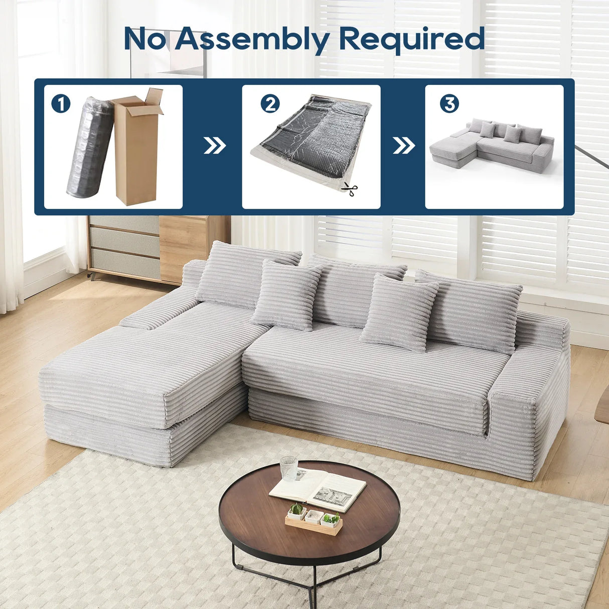 Modern L-Shaped Memory Foam Sectional Sofa With Corduroy - Omega Lifestyles
