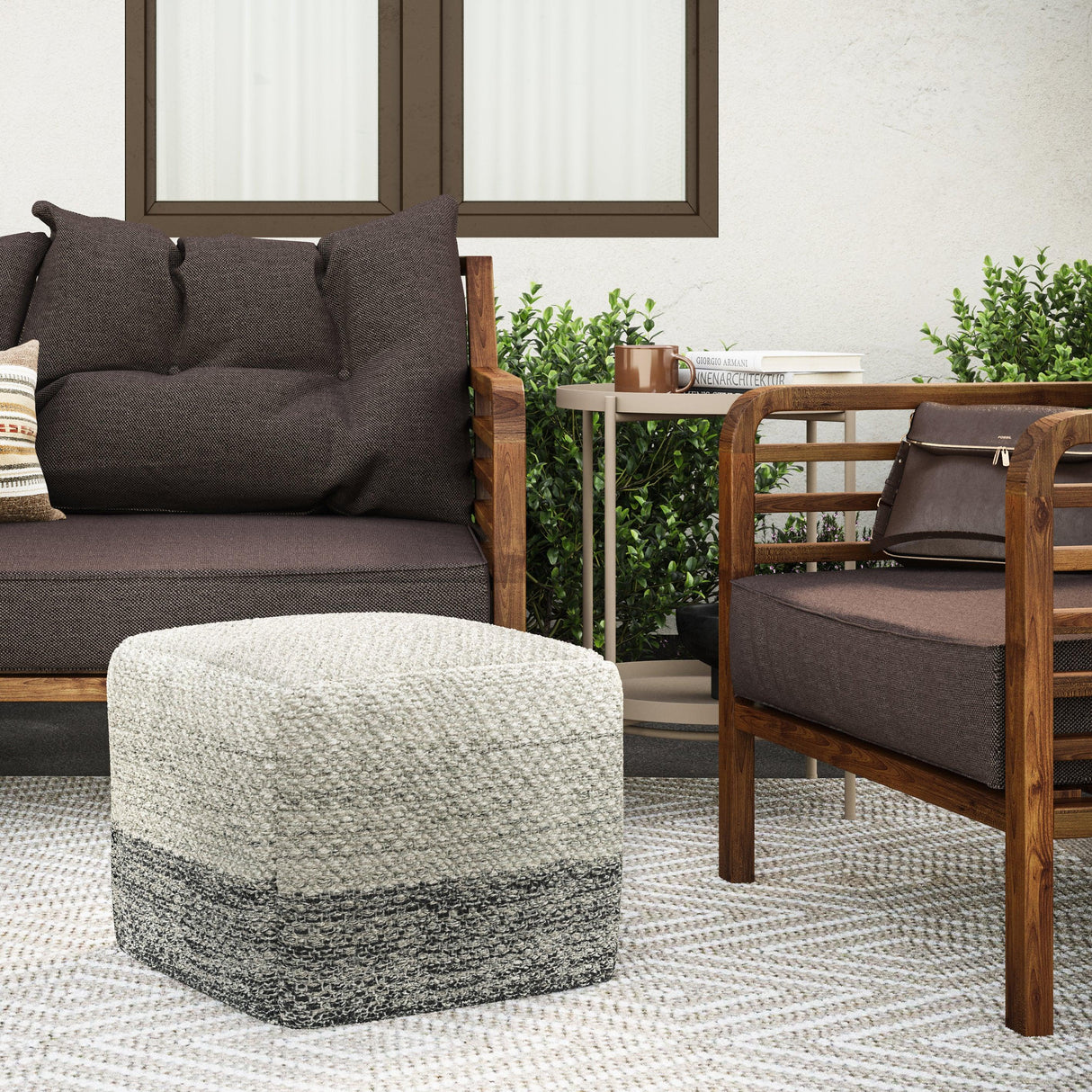 Square Woven Indoor Outdoor White Fabric Pouf Seat - Omega Lifestyles