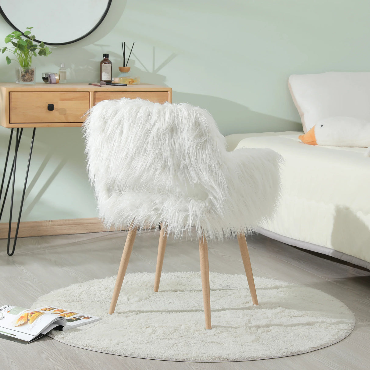 White Faux Fur Upholstered Side Dining Chair With Metal Legs - Omega Lifestyles