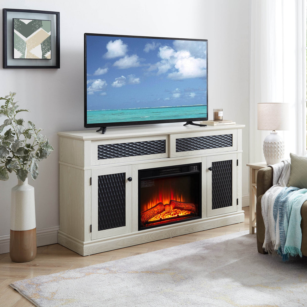 Embossed Oak Fireplace TV Stand With Storage - Sleep Galleria