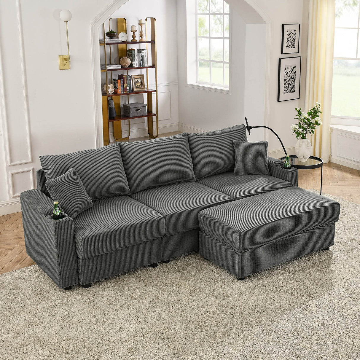 Modern Corduroy L-Shaped Armless 4-Seat Sofa - Omega Lifestyles