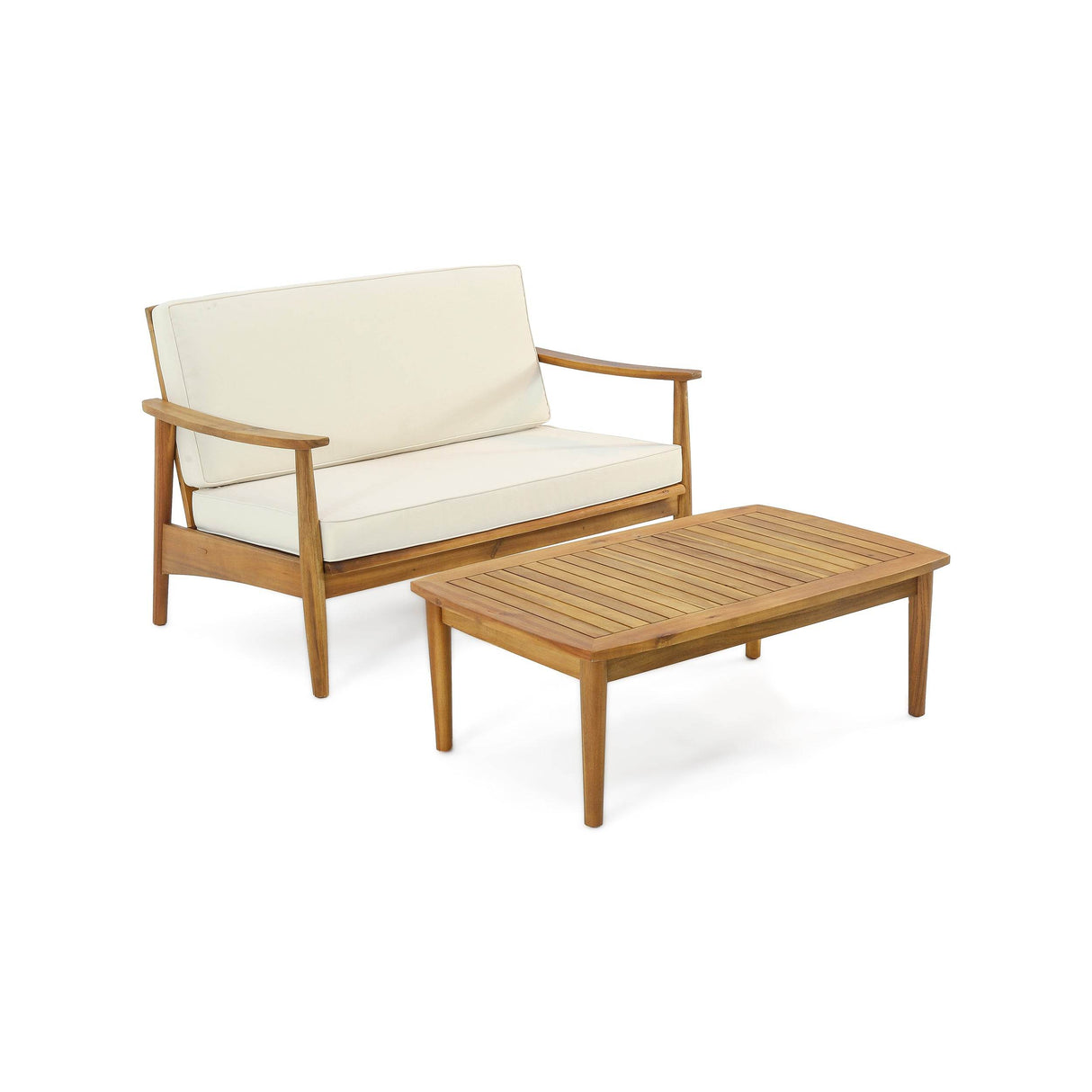 2-Piece Acacia Wood Slatted Patio Loveseat And Coffee Table