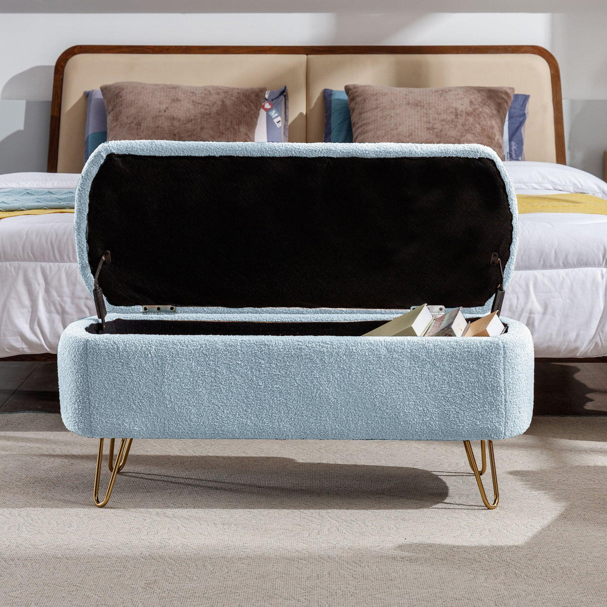Blue Faux Fur Upholstered Storage Bench With Gold Legs - Omega Lifestyles