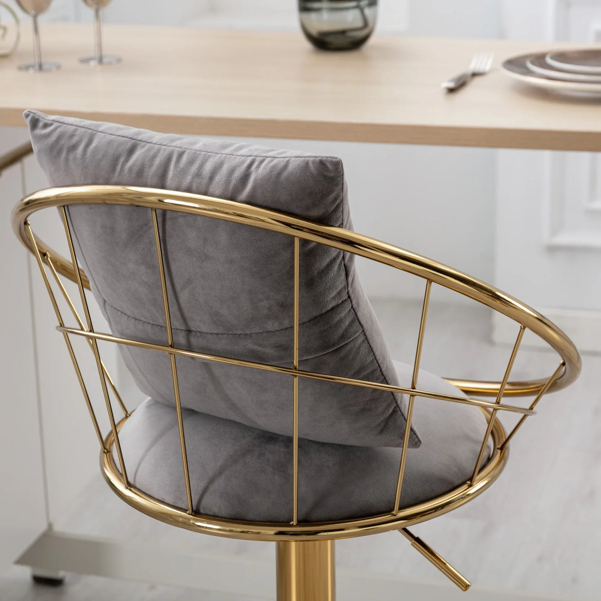 Set Of 2 Grey Velvet Adjustable Height 360-Degree Bar Chairs - Omega Lifestyles