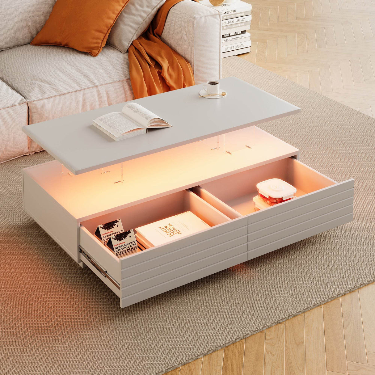 Modern White LED Lighting Coffee Table With Drawers - Sleep Galleria
