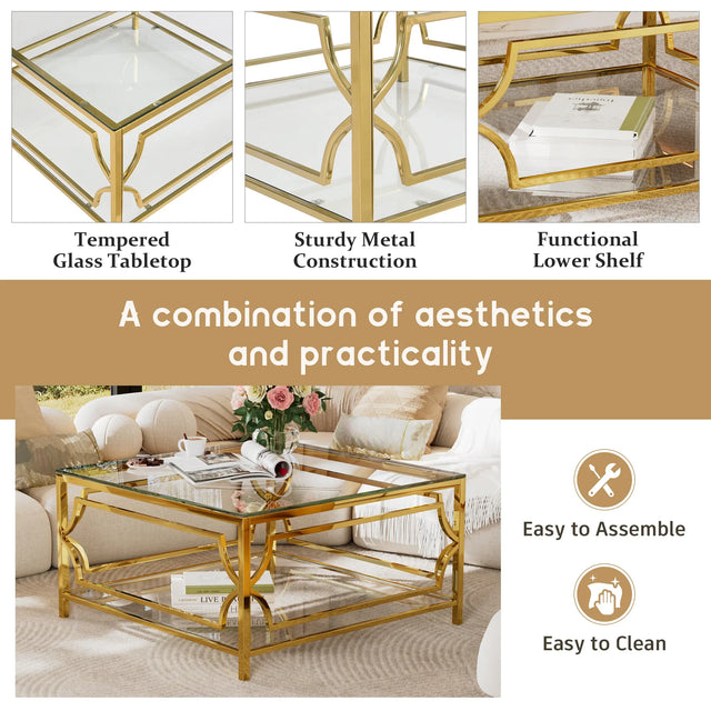Modern Square Glass Coffee Table With Gold Metal Frame - Omega Lifestyles
