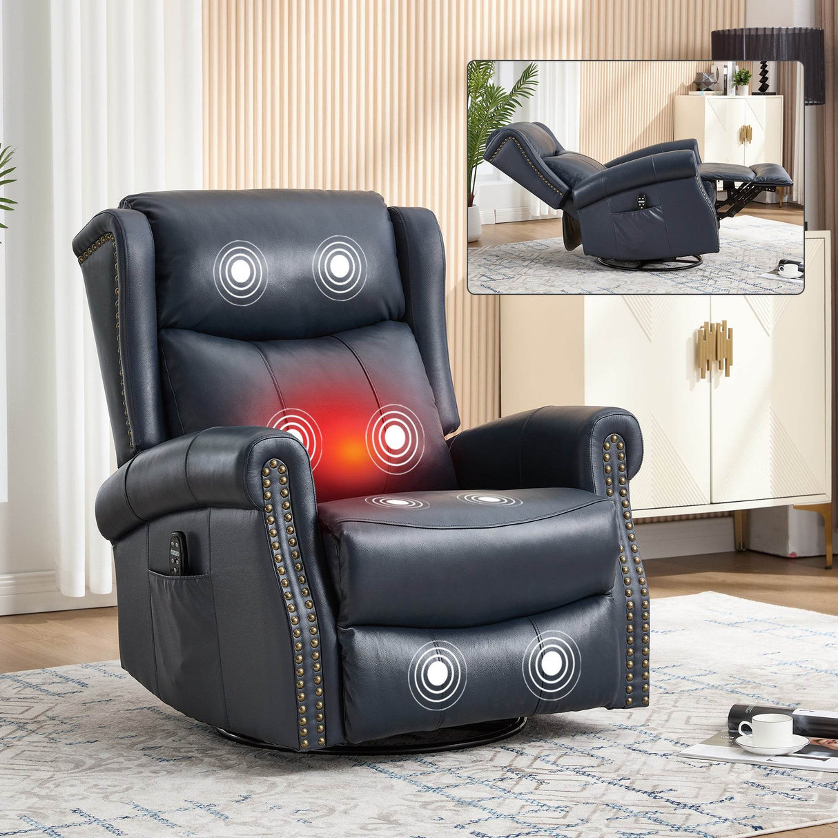 Medium Firm Genuine Leather Heat Massage Recliner Chair