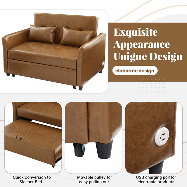 Convertible PU Leather Sofa Bed With USB Ports - Omega Lifestyles