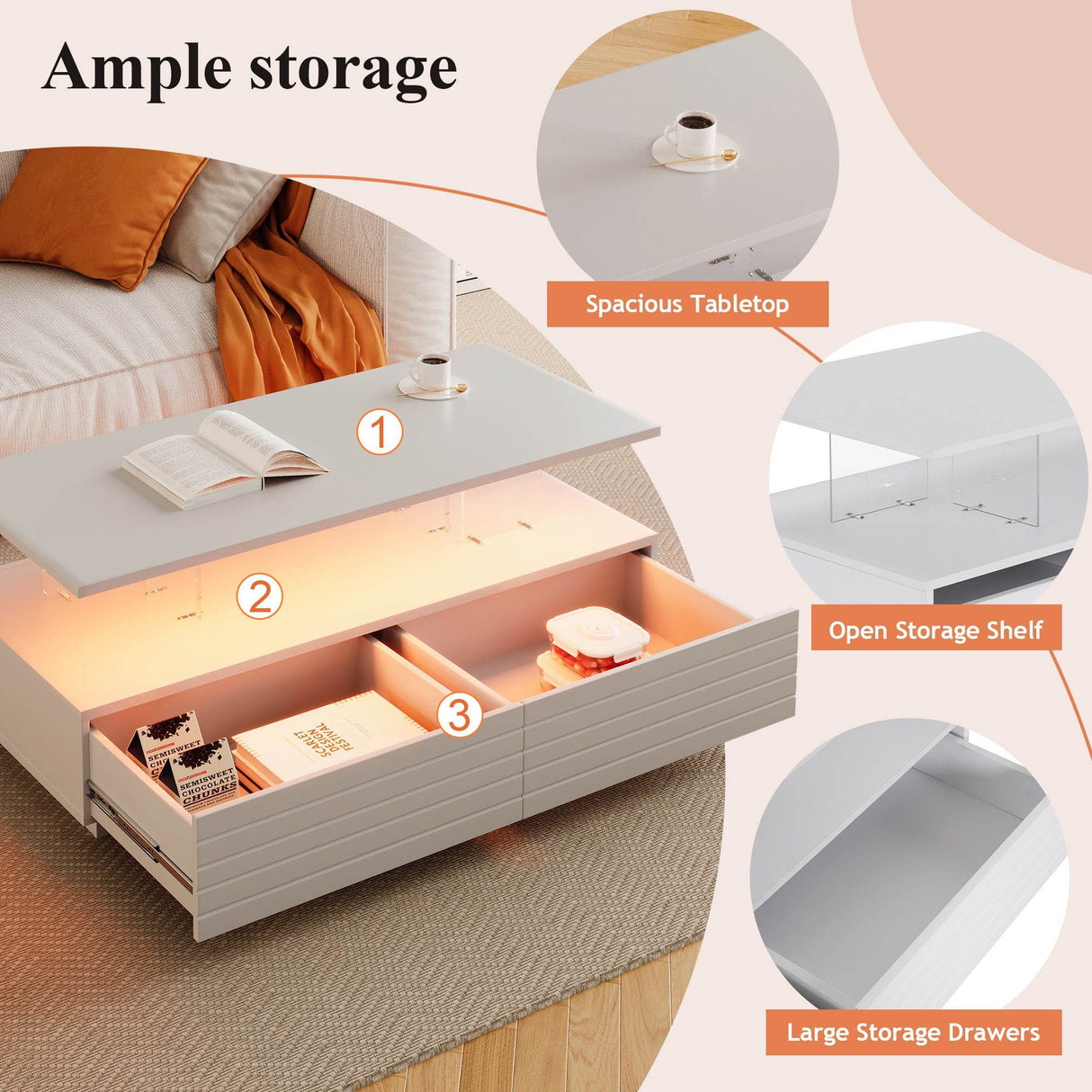 Modern White LED Lighting Coffee Table With Drawers - Sleep Galleria