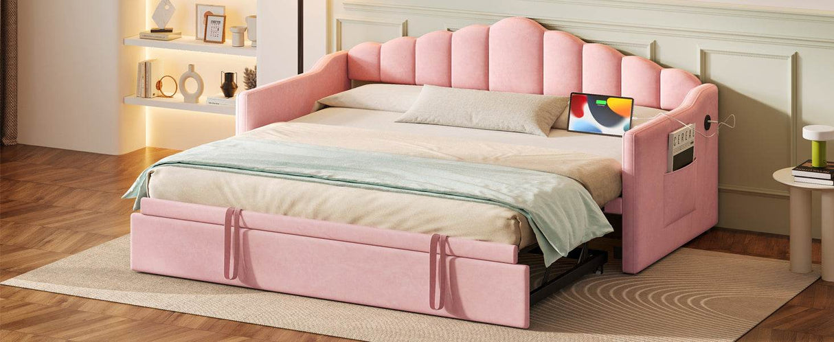 Upholstered Twin Velvet Daybed With Adjustable Trundle And Charging - Omega Lifestyles