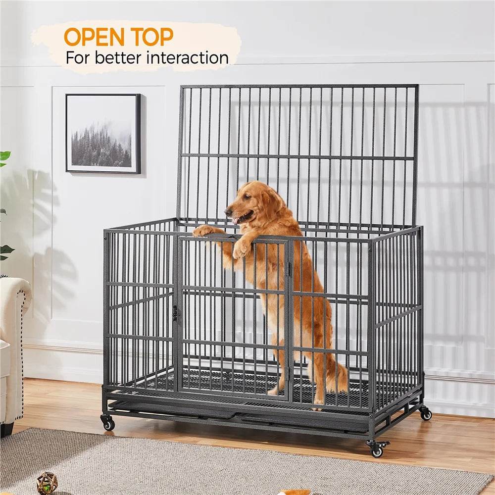 48-Inch Indestructible Rolling Dog Crate with Open-Top Design, Black