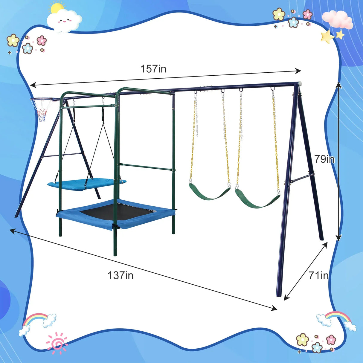 4-in-1 Backyard Steel Swing Set With Trampoline - Omega Lifestyles
