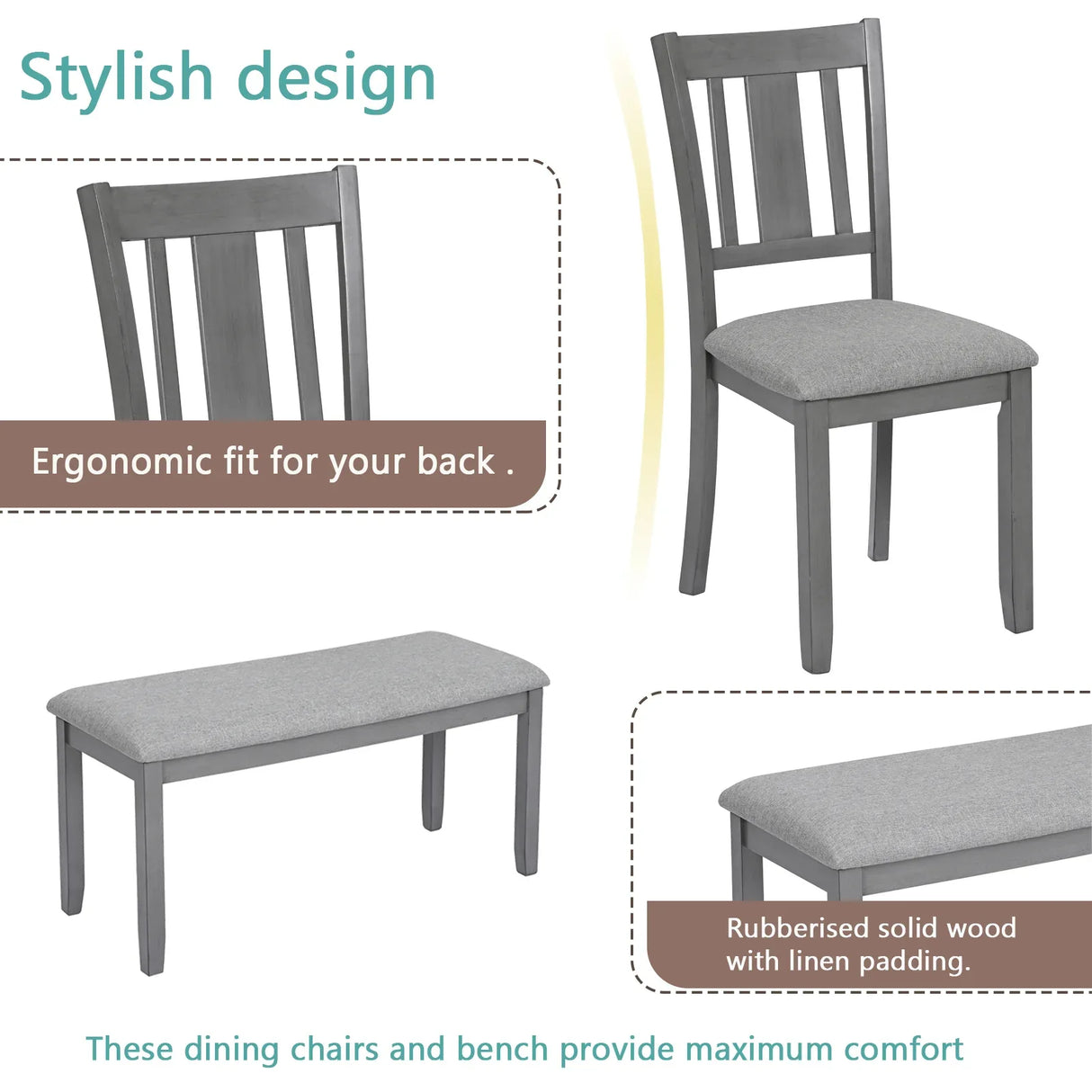 6-Piece Gray Acacia Wood Dining Table Set With Bench - Omega Lifestyles