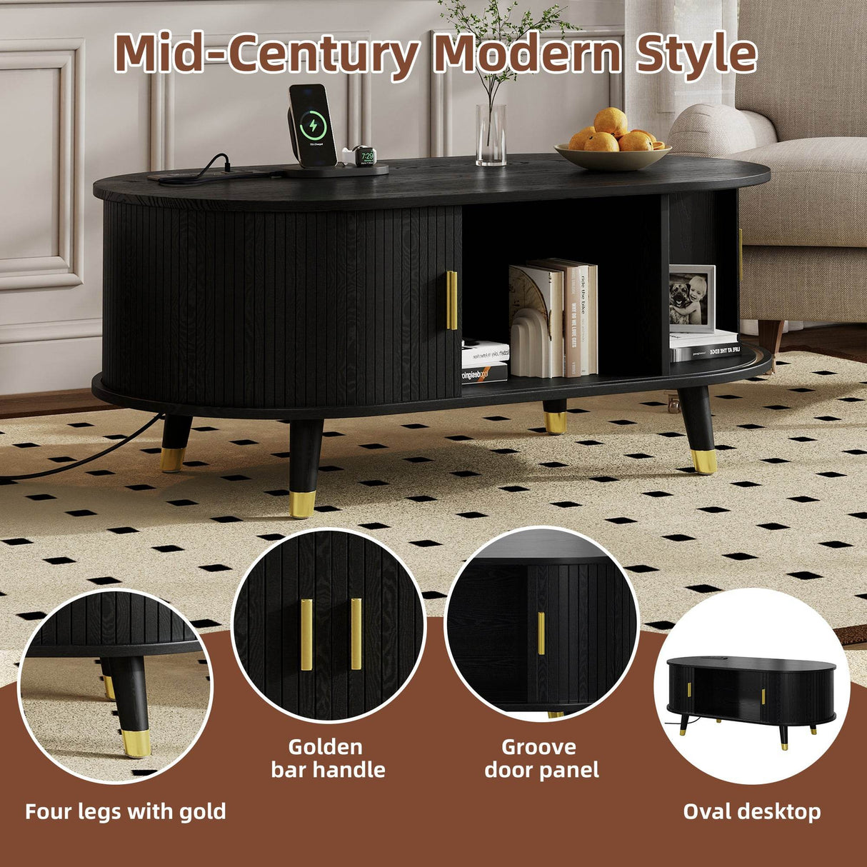 Mid-Century Modern Black Fluted Coffee Table With Charging Station - Sleep Galleria