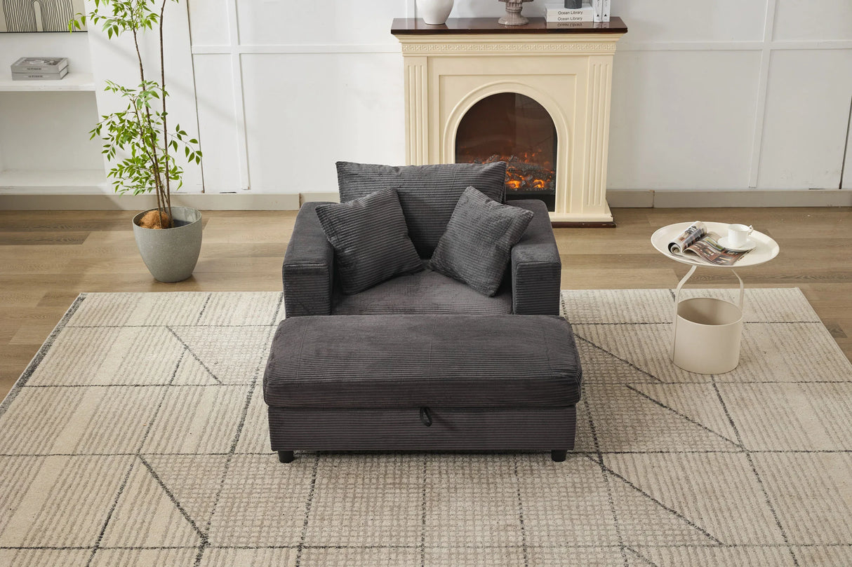 Dark Gray Corduroy Chaise Lounge Chair With Ottoman - Omega Lifestyles