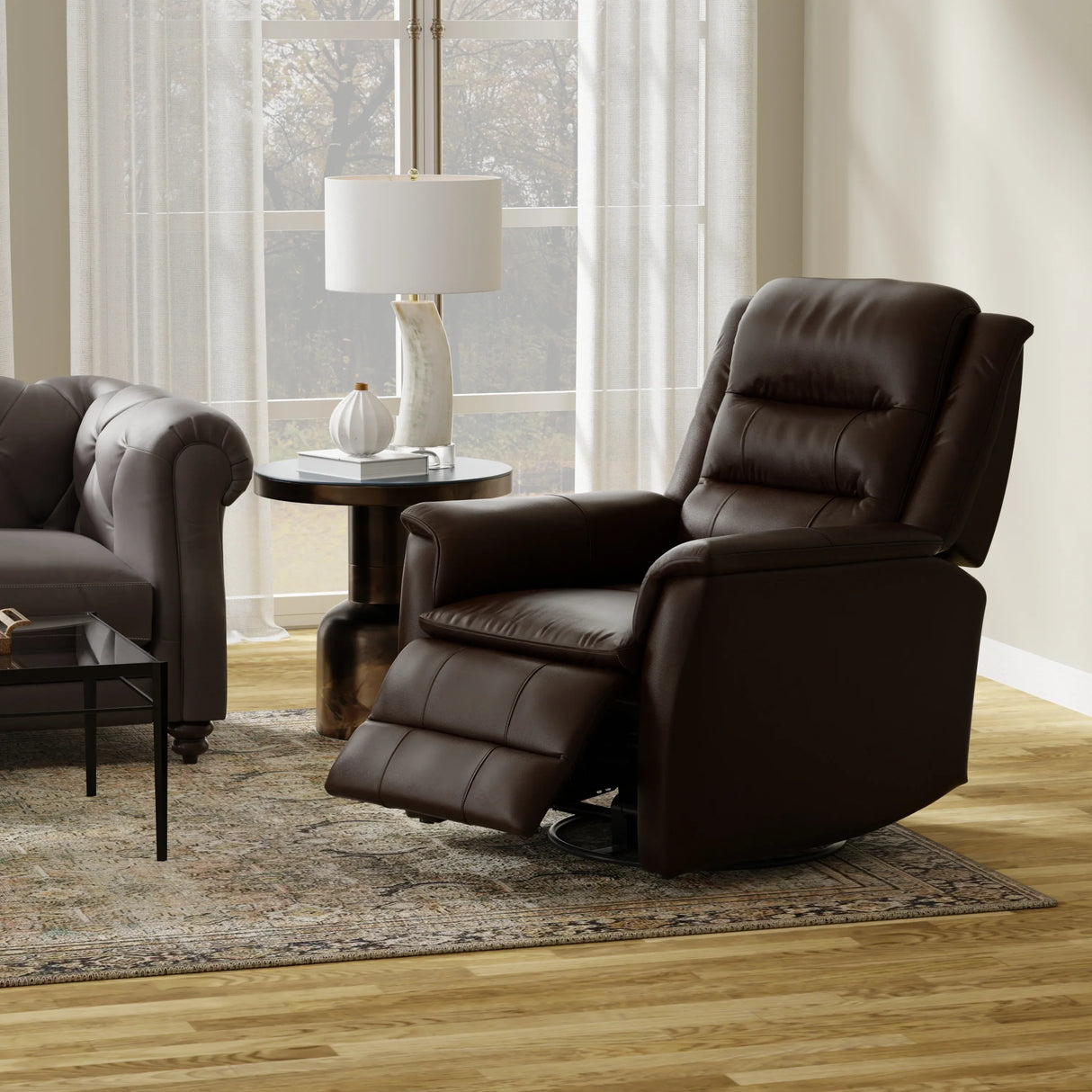 Swivel Glider Recliner With Manual Footrest And Leather - Omega Lifestyles