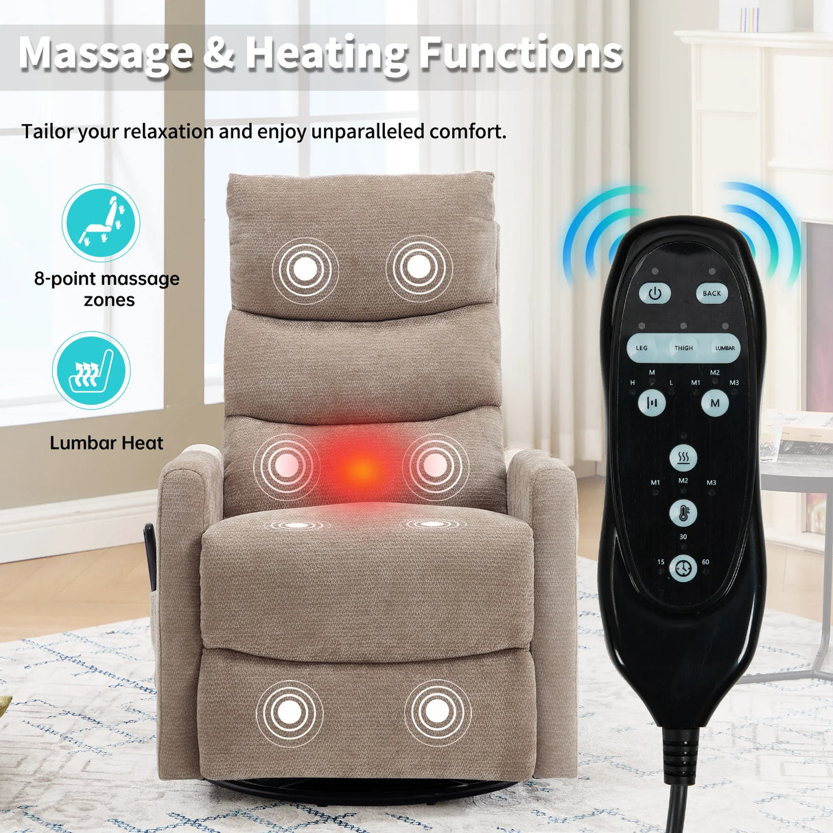 Heat Massage Swivel Rocking Recliner Chair With Lumbar Heat - Omega Lifestyles
