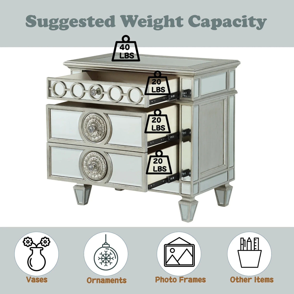 Mirrored Silver Nightstand With Geometric Raised Trim - Omega Lifestyles