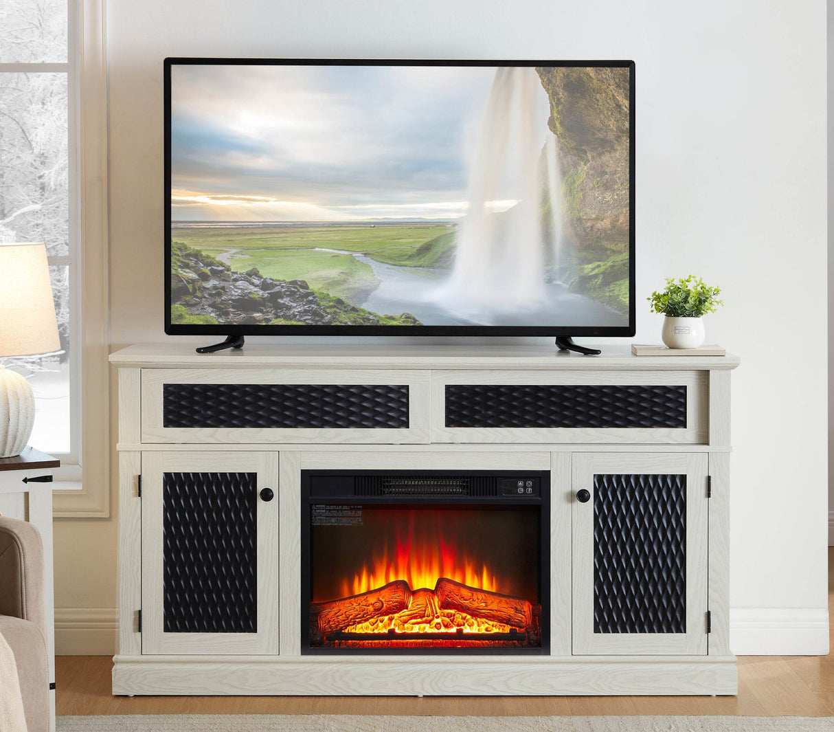 Embossed Oak Fireplace TV Stand With Storage - Sleep Galleria