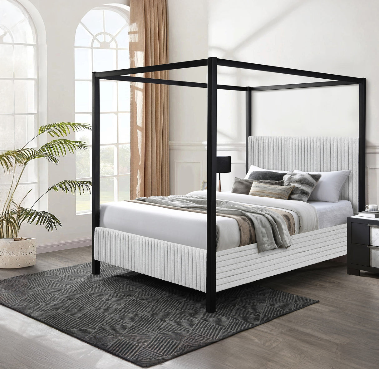 Queen Modern Canopy Bed With Upholstered Vertical Channeling