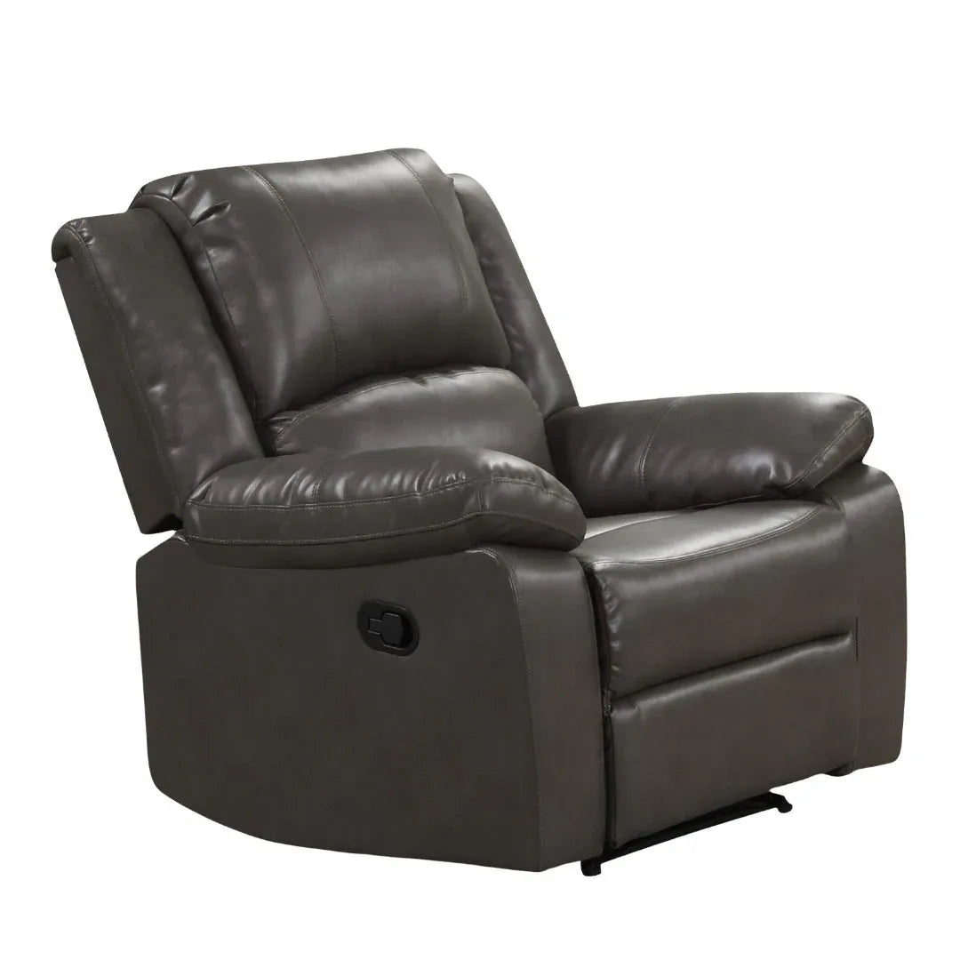 Transitional Gray Leather Pillow Top Arms Glider Recliner - Omega Lifestyles