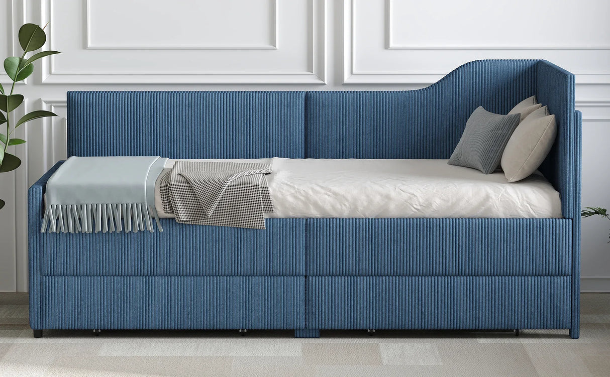 Twin L-Shaped Upholstered Corduroy Daybed With Drawers - Omega Lifestyles