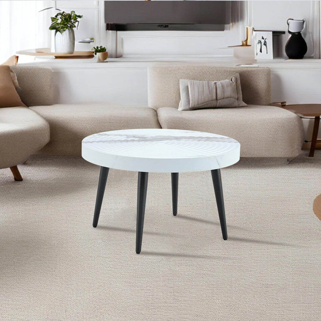 White Marble Pattern Round MDF Metal Coffee Table - Sleep Galleria