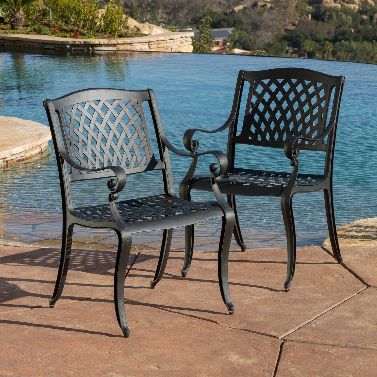 Set Of 2 Black Aluminium Mesh Outdoor Dining Chairs