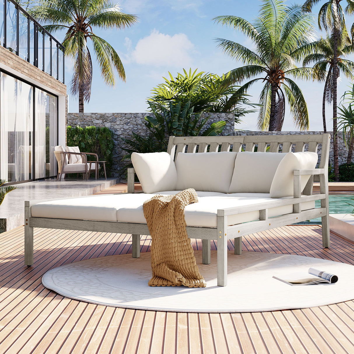 Acacia Wood Outdoor Daybed With Cushions And Pillows