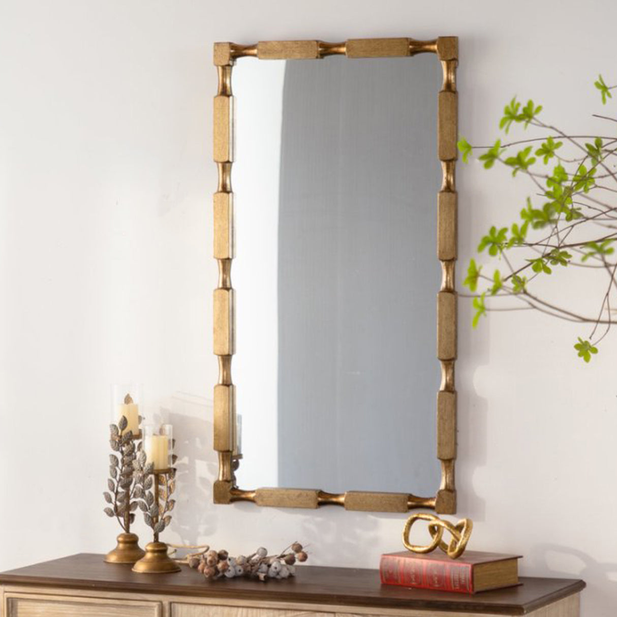 Gold Bamboo-Style Rectangular Solid Wood Wall Mirror