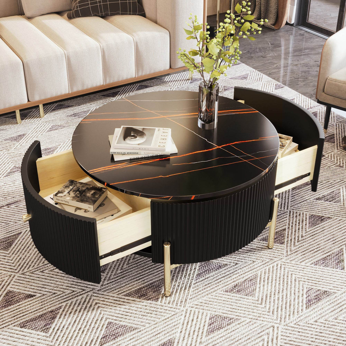 Modern Round Coffee Table With Two Large Drawers - Sleep Galleria