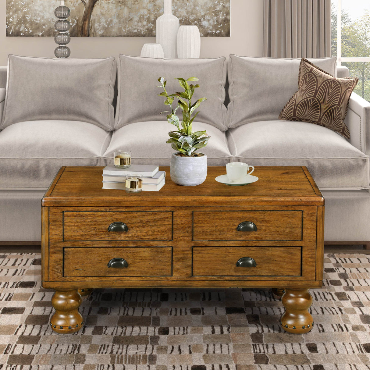 Solid Wood 40-Inch Antique Coffee Table With Drawers - Sleep Galleria
