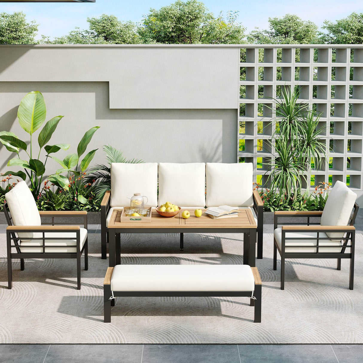 5-Piece Acacia Wood Iron Frame Patio Furniture Set - Omega Lifestyles