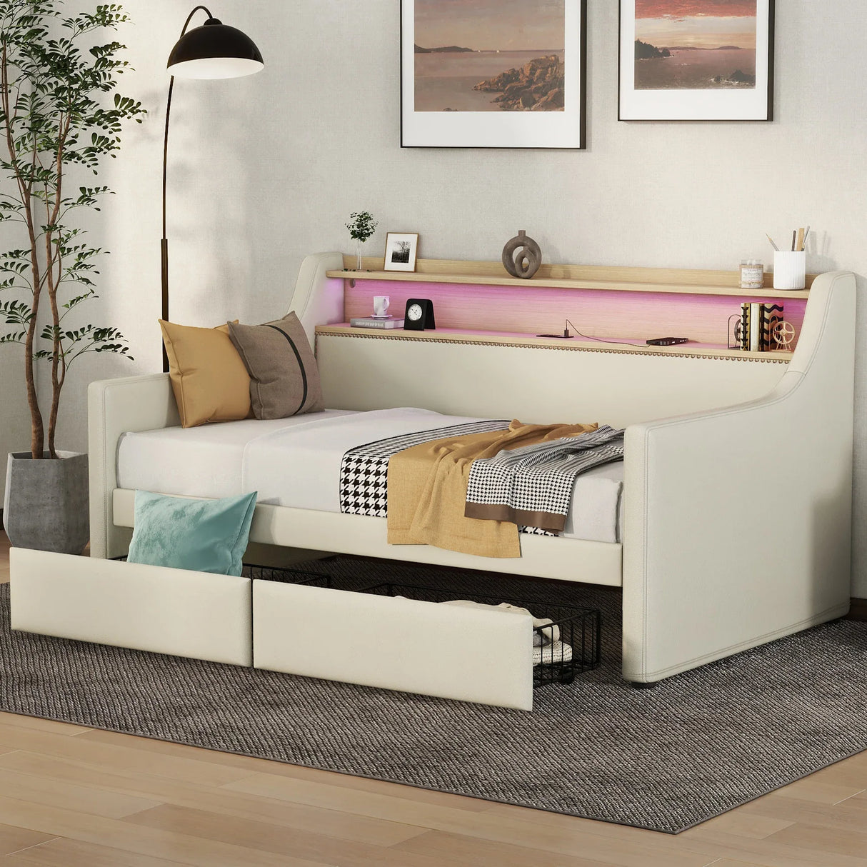 Twin PU Leather Daybed With Storage Drawers Charging Station - Omega Lifestyles