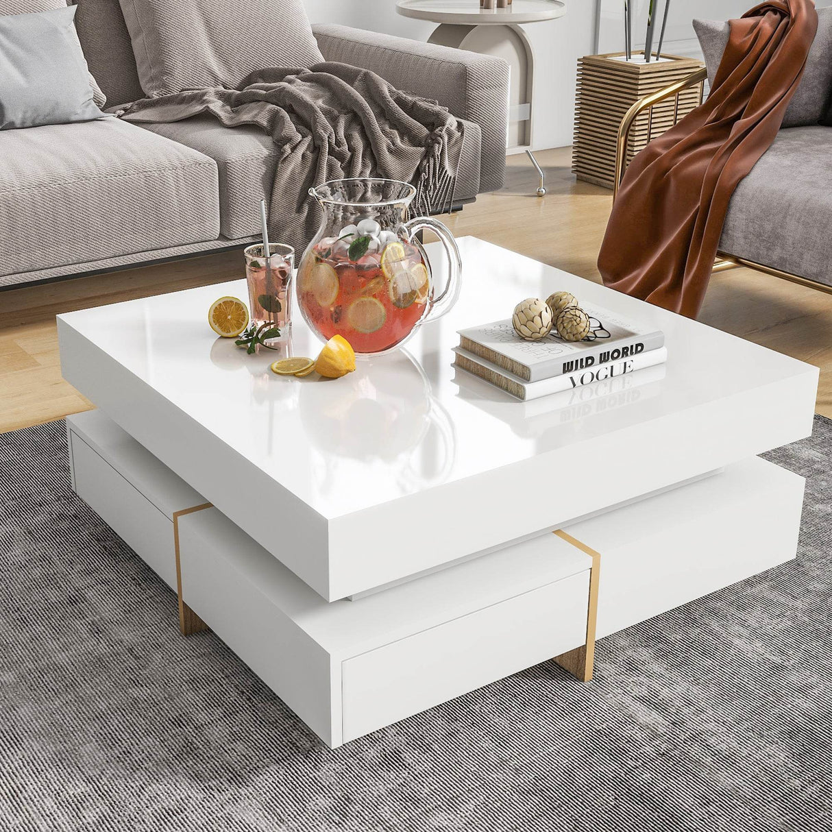 Modern High Gloss White Coffee Table With Drawers - Sleep Galleria