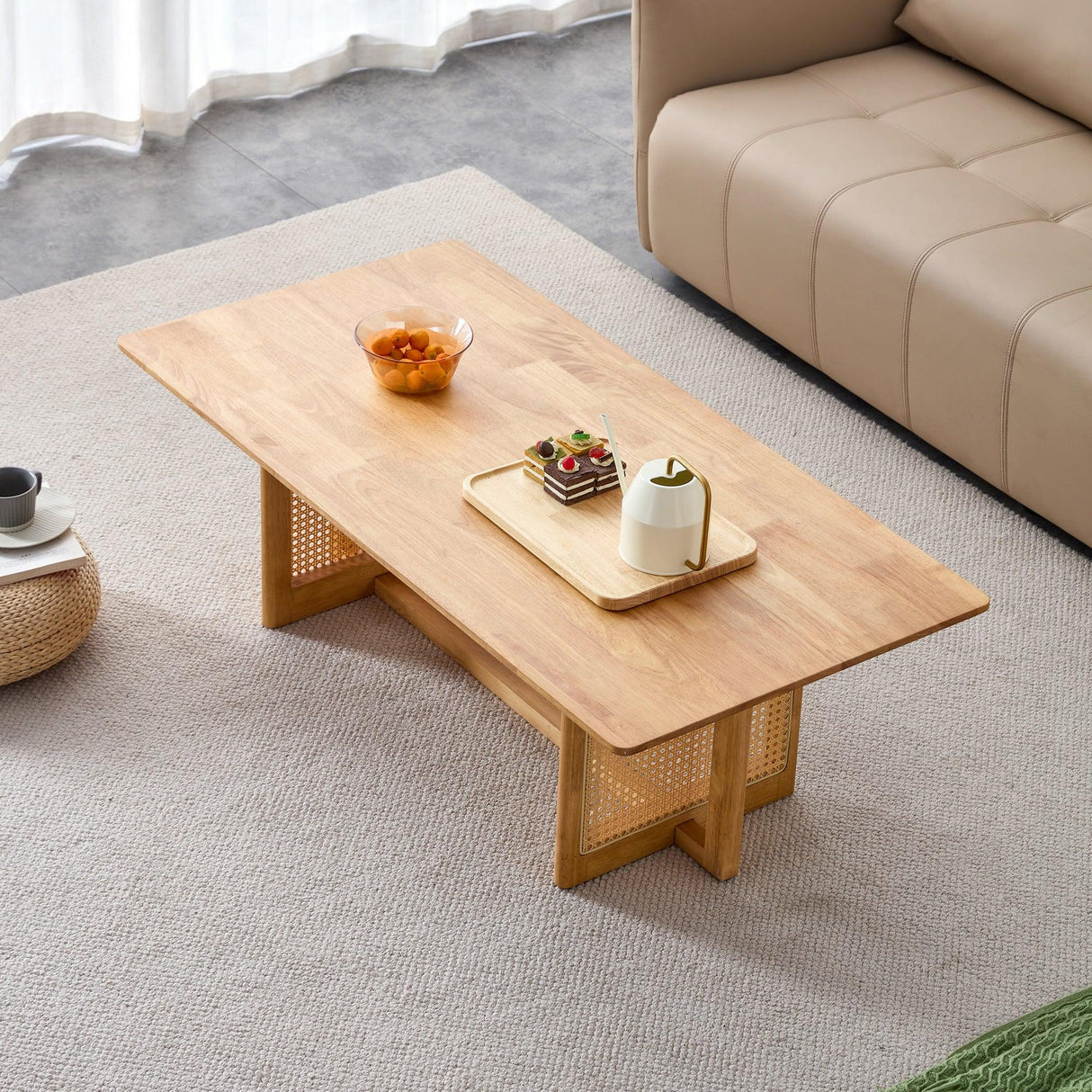 Solid Wood Rectangular Coffee Table With Rattan Weaving - Omega Lifestyles