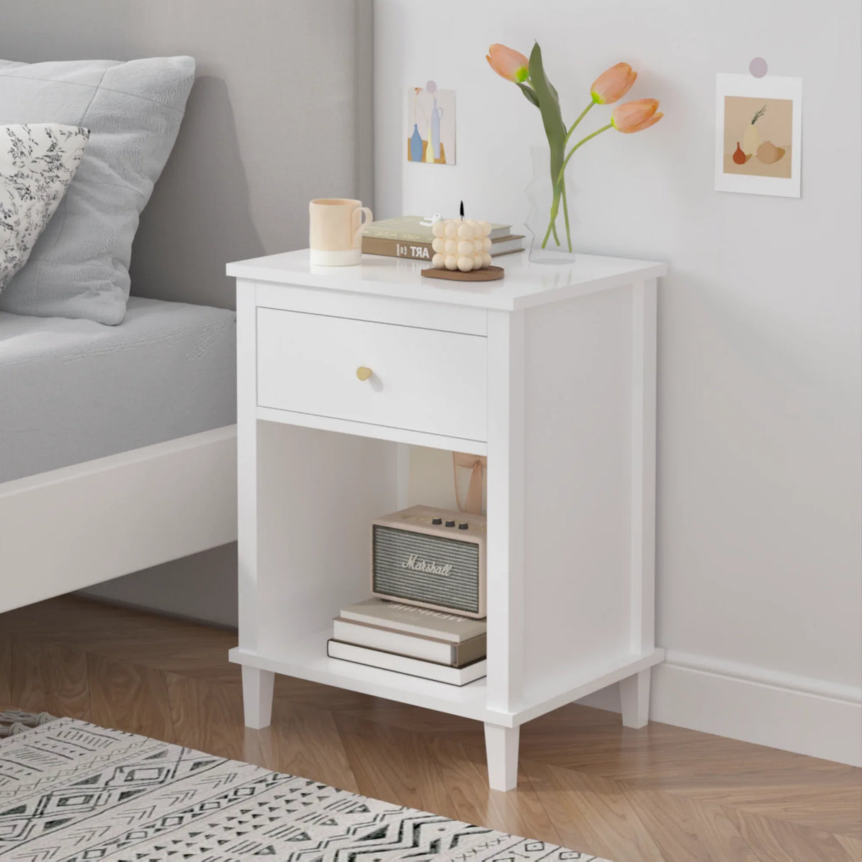 White MDF Kids Wooden Nightstand With Drawer Shelf - Omega Lifestyles