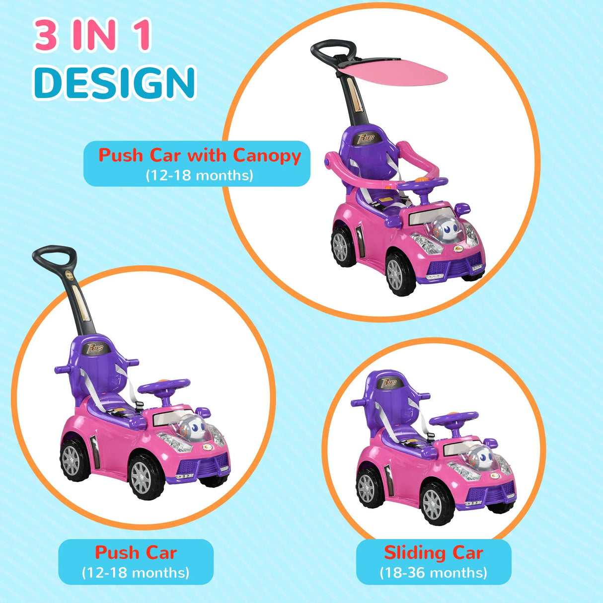 3-in-1 Toddler Push Car With Canopy Music Horn - Omega Lifestyles