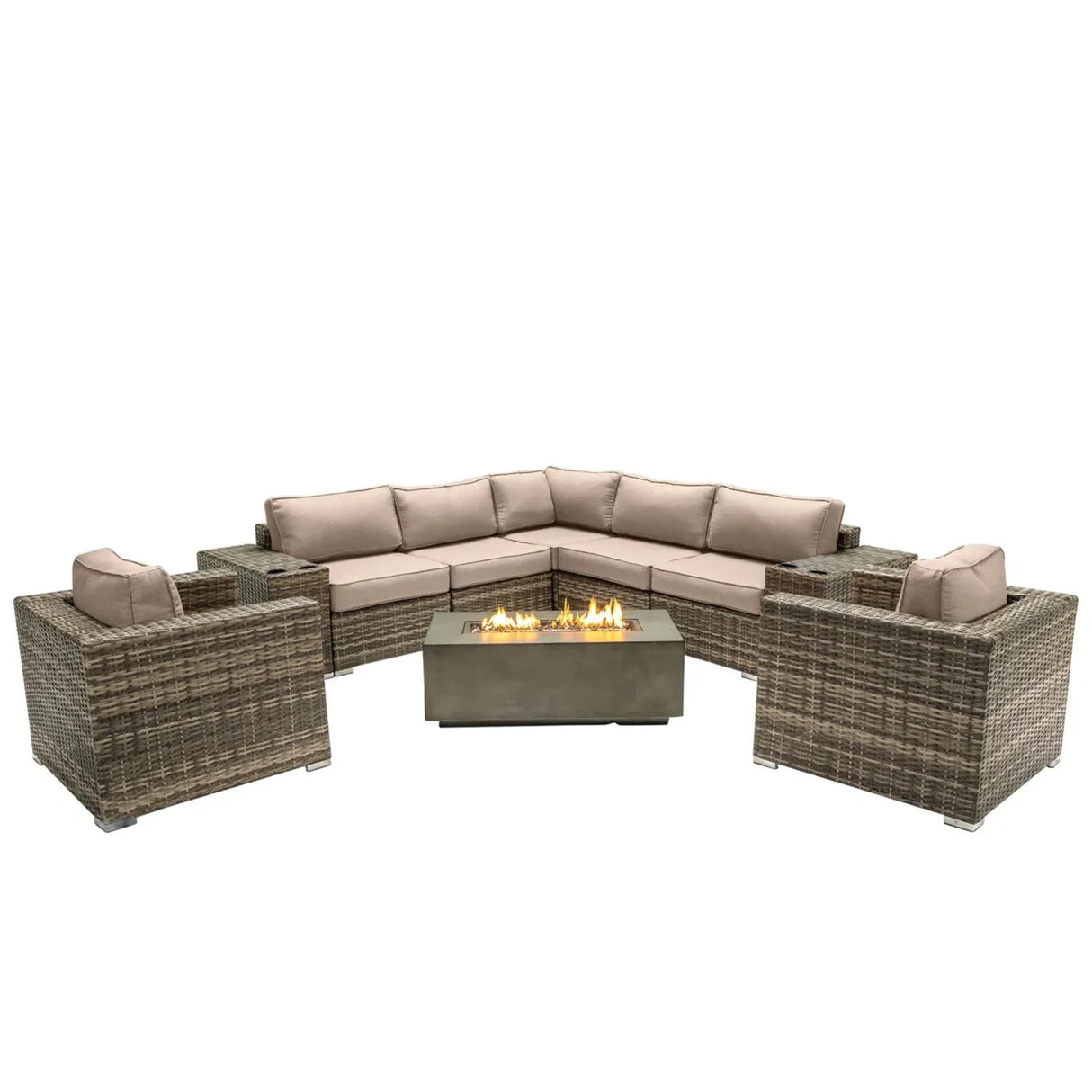 6-Person Grey Wicker Outdoor Seating Set With Fire Pit - Omega Lifestyles