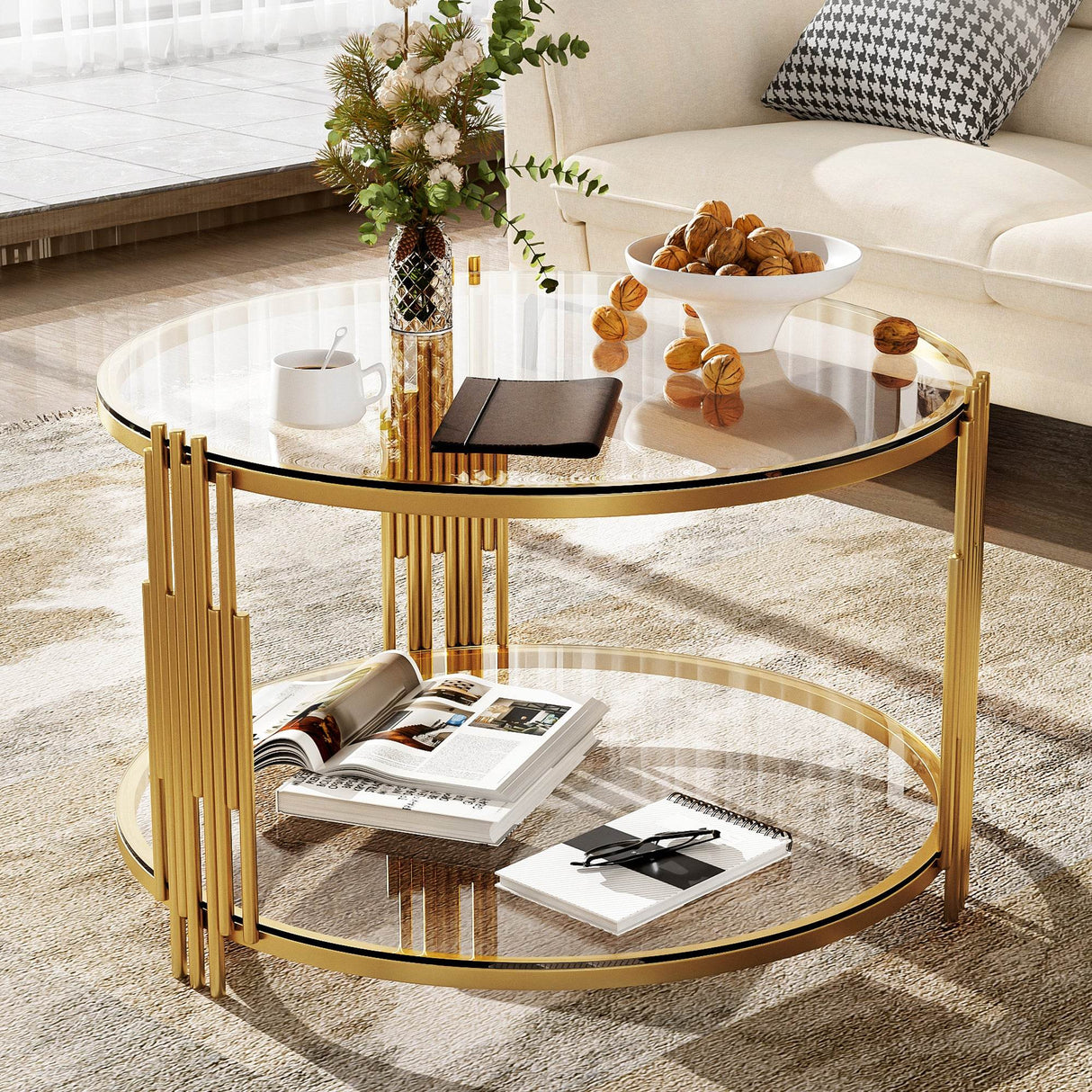 Modern Round Tempered Glass Coffee Table With Shelf - Sleep Galleria
