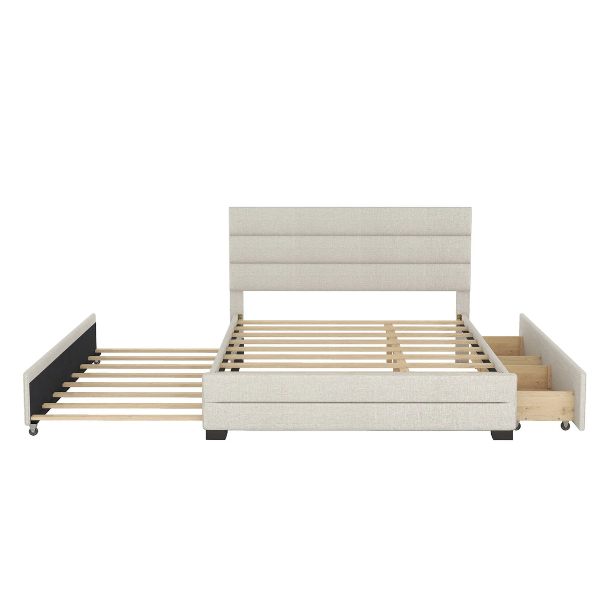 Queen Upholstered Platform Bed With Twin Trundle And Storage Drawers - Omega Lifestyles